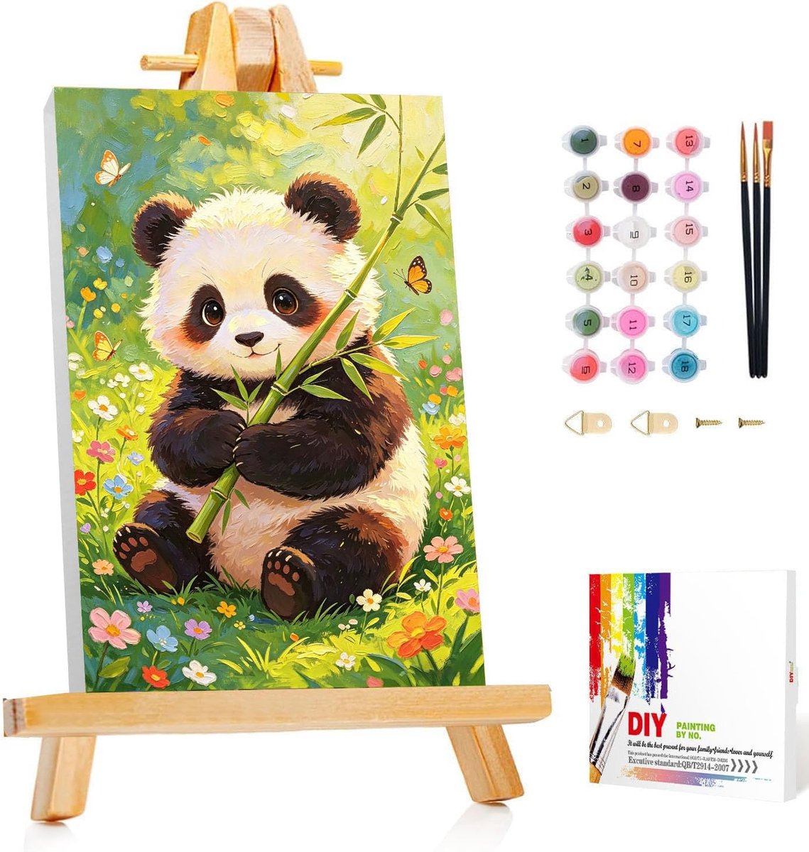 SnelShoppen - Schilderen op Nummer voor Kinderen - Panda en Ezel DIY Schilderpakket - 20x30 cm - Creatieve Activiteit voor Feestjes en Vrije Tijd - In