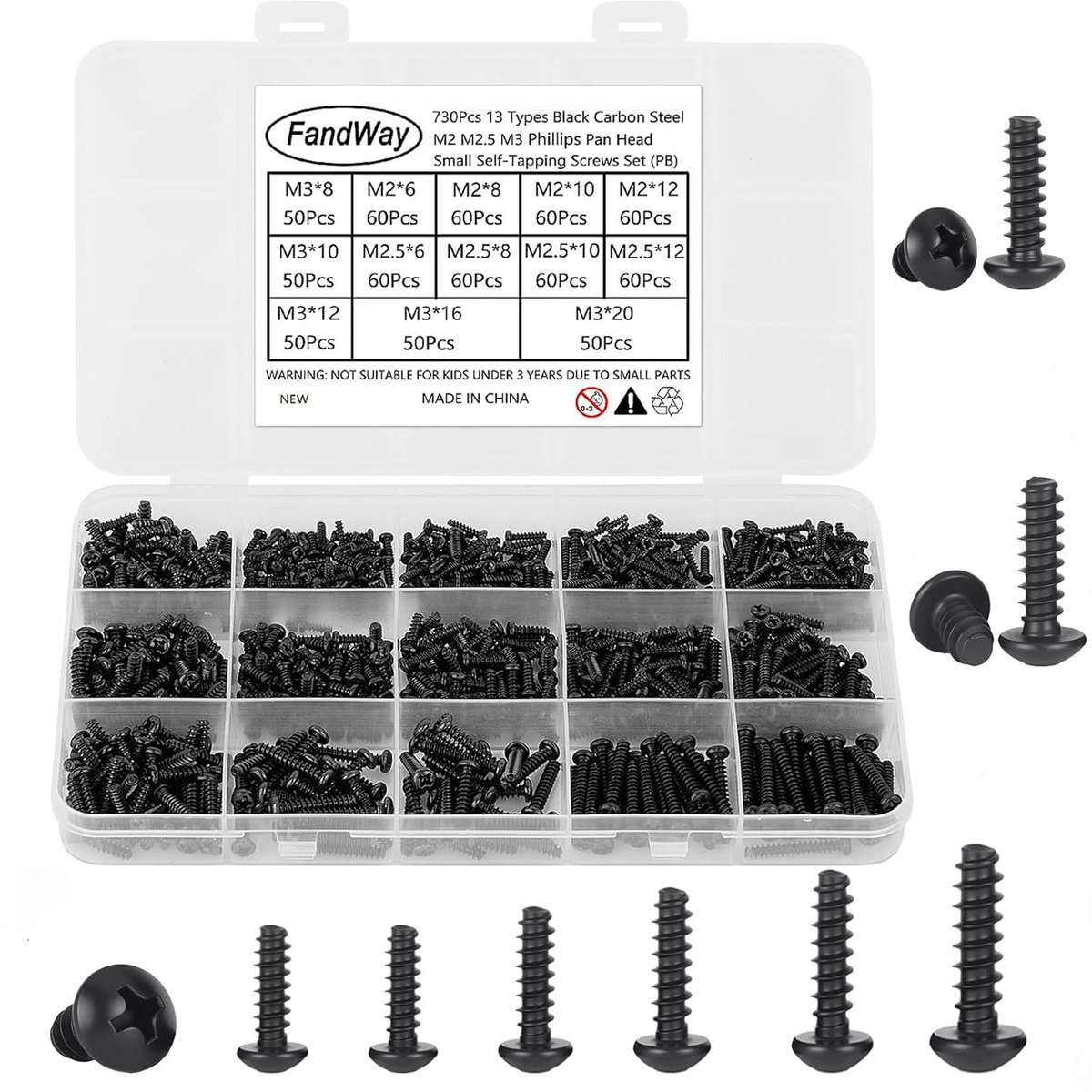 SnelShoppen - 730 Stuks Zelftappende Schroeven Set M2 M2.5 M3 - Kleine Houtschroeven Zwart - Platen Schroeven Lenskop Kruiskop - Zelfborende Schroeven