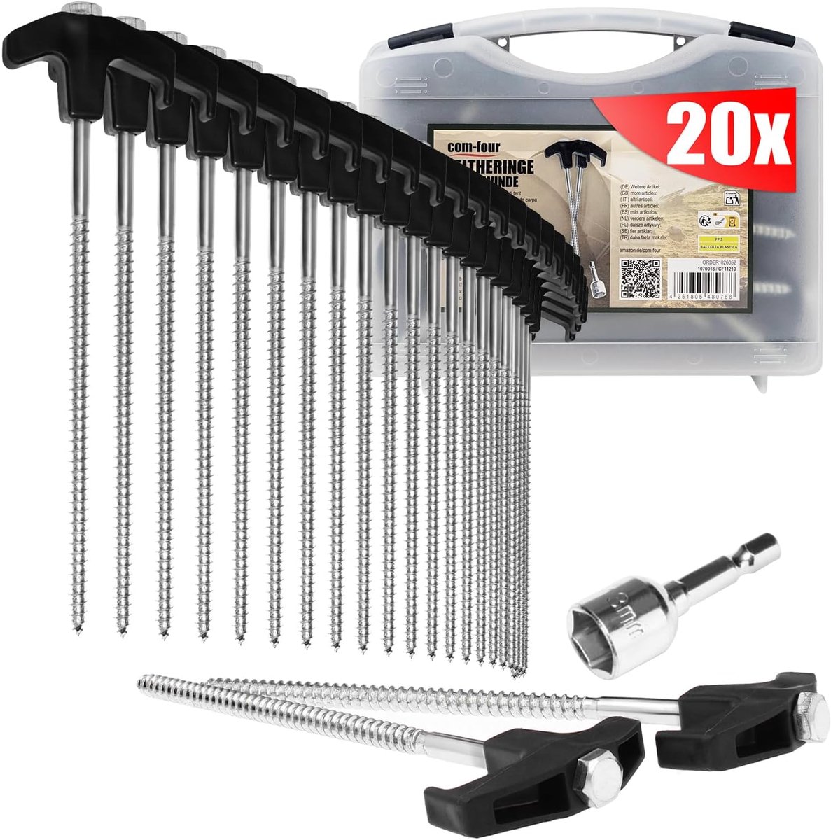 SnelShoppen - 20x Stalen Tentpennen met Adapter voor Accuschroefmachine - Schroefpennen in Transportdoos - Robuuste Grondpennen met Draad voor Camping