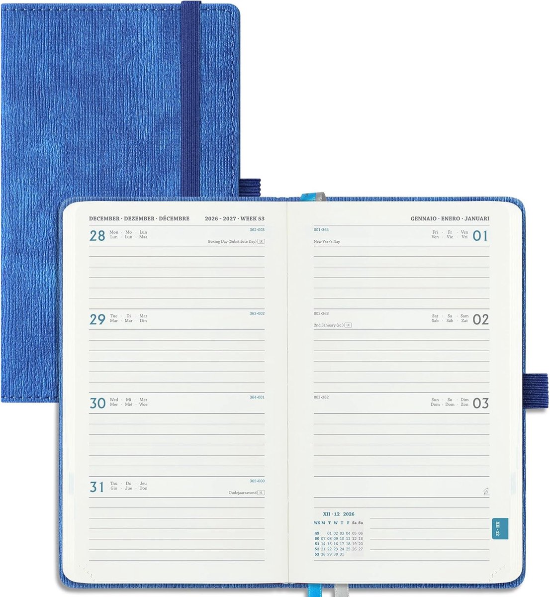SnelShoppen - Agenda 2026 2027 Pocket Weekly A6 Planner - School Diary van Juli 2026 tot December 2027 - PU Leren Cover - Blauw - Compact en Handig -