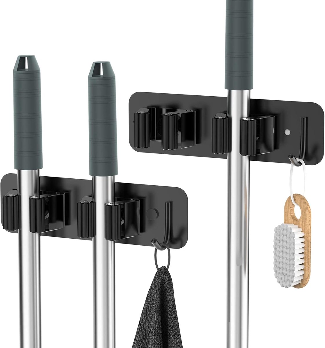 SnelShoppen - Broom Holder Wandbevestiging - 2 Stuks - RVS Broom Holder met Haakjes - Zelfklevend - Geen Boren - Voor Keuken, Badkamer, Tuin, Balkon -