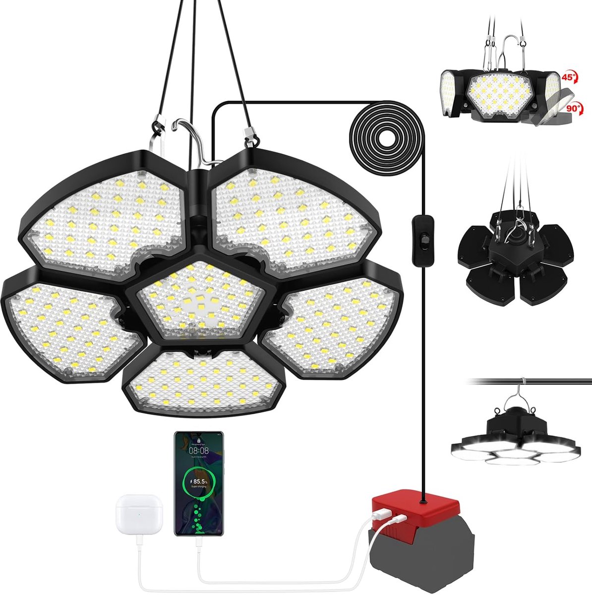 SnelShoppen - LED Acculamp 60W voor Camping, Garage, Kelder, Opslag - 2 Lichtstanden - USB en Type C Aansluiting - Lichtgewicht en Draagbaar