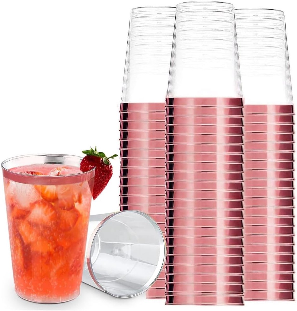 SnelShoppen - Pack van 30 Herbruikbare Plastic Bekers met Gouden Rand - Elegante Drinkbekers voor Feest, Bruiloft, Cocktail - 360 ml - Roze Gouden Ran
