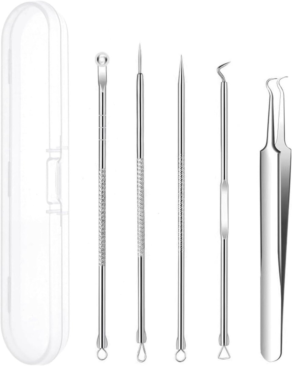 SnelShoppen - 5x Blackhead Remover Tool Set, Comedone Extractor, Milia Removal Needle, Curved Sharp Tweezers, Pimples Popper Kit voor Huidsverzorging,