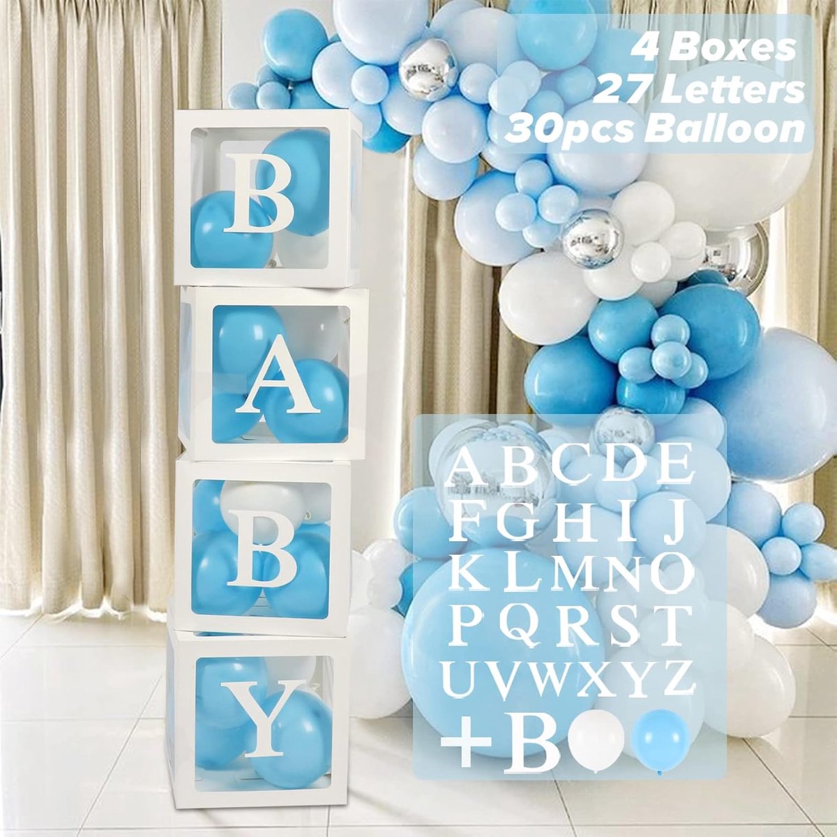 SnelShoppen - Baby Shower Decoratie Boxen voor Jongens, 30 Ballonnen (Blauw en Wit), 4 Transparante 27 Letter Ballon Boxen met BABY + A-Z, Baby Blokke