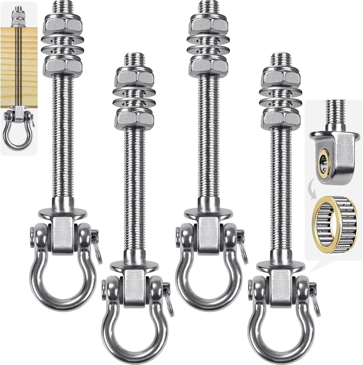 SnelShoppen - 4 stks Heavy Duty Swing Hanger met Lager, 175mm Hangmat Haak M10, Roestvrijstaal, 1500 lbs Capaciteit, Perfect voor Yoga, Bokszak, Veran