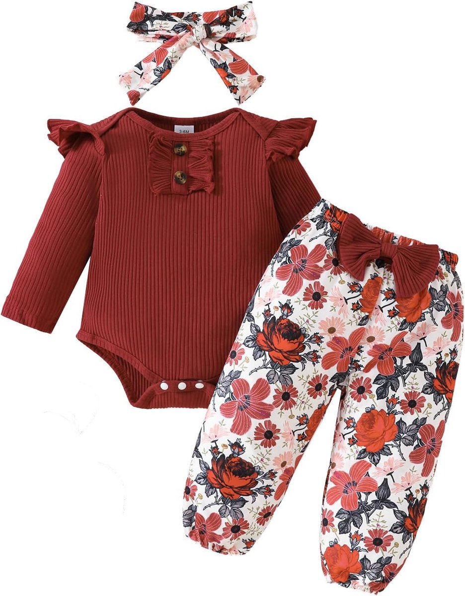 SnelShoppen - Babykledingset Meisjes 0-18 Maanden - Lange Mouwen Rompertje met Ruches + Elastische Taille Lange Broek - Zacht Katoen en Polyester - Pe
