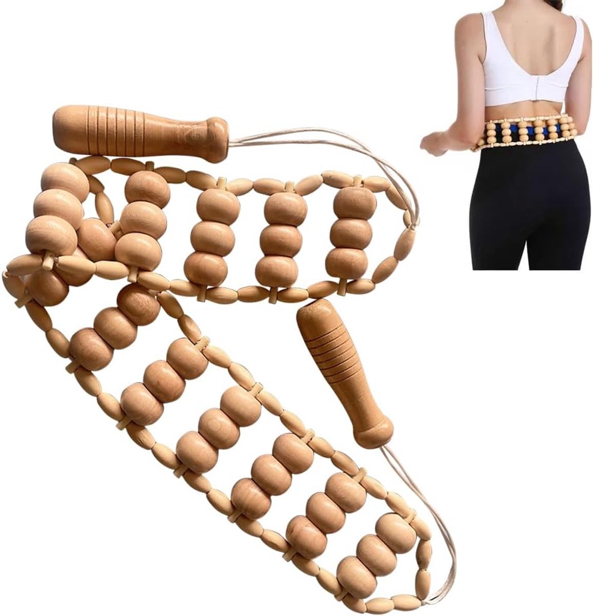 SnelShoppen - Massageroller Rug met Handvat - Houten Massageapparaat - Anti-Cellulitis - Ergonomische Fasciaroller voor Nek, Benen, Rug - Lymfedrainag