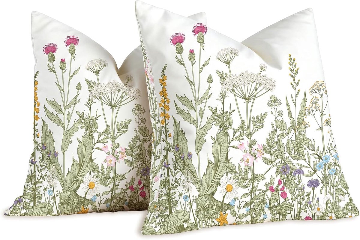 SnelShoppen - Pack van 2 Kussenhoezen Decoratief Linnen Buiten Waterproof 45 x 45 cm Bloemen Sofa Tuin Aesthetic Decoratie voor Woonkamer en Tuin