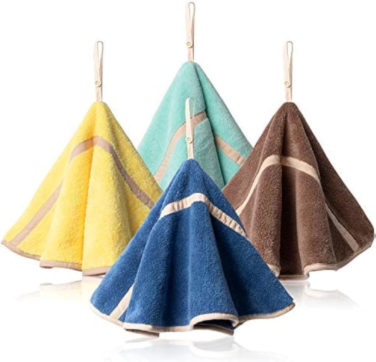 SnelShoppen - 4 Stuks Hangdoeken met Ophanglus - Absorberende Koraalfleece Badhanddoeken - Zachte Dikke Theedoeken - Rond 48,3 cm - Roze, Groen, Grijs