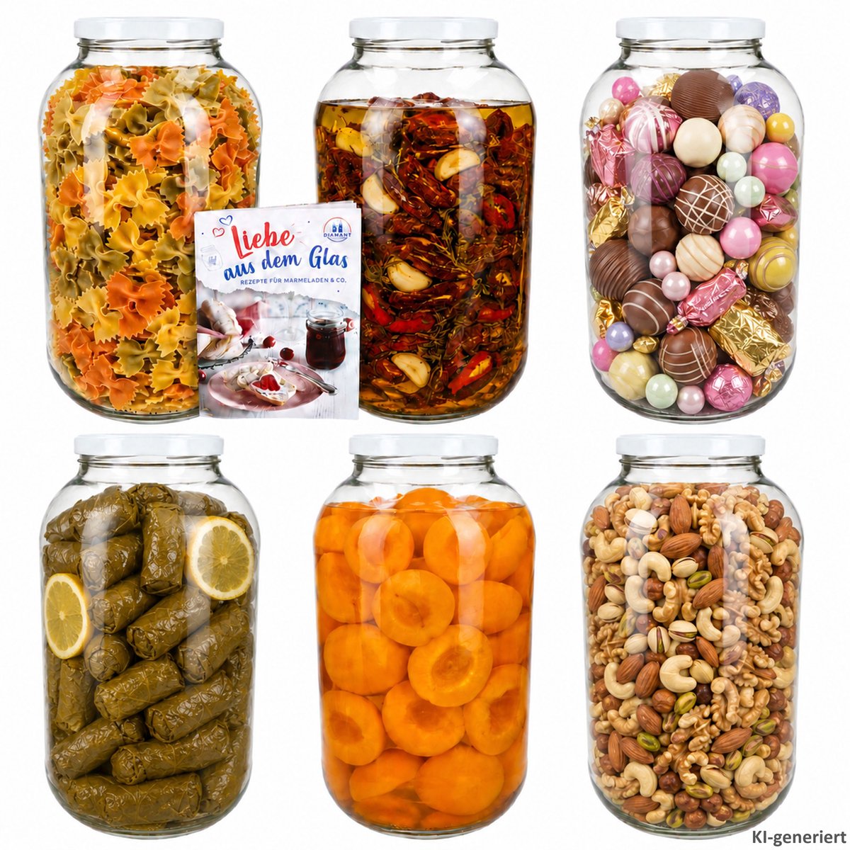 6-delige set inmaakpot 4,25L TO 100 witte deksels incl. Diamant Gelierzauber receptenboekje