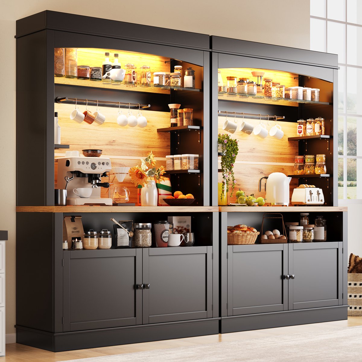 Wishdor - Keukenkast - Hoge buffetkast met LED-verlichting - Open rek en 2-deurs opbergruimte - Modern - Keuken en woonkamer - Bewerkt hout - Zwart - 107 x 43 x 184 cm