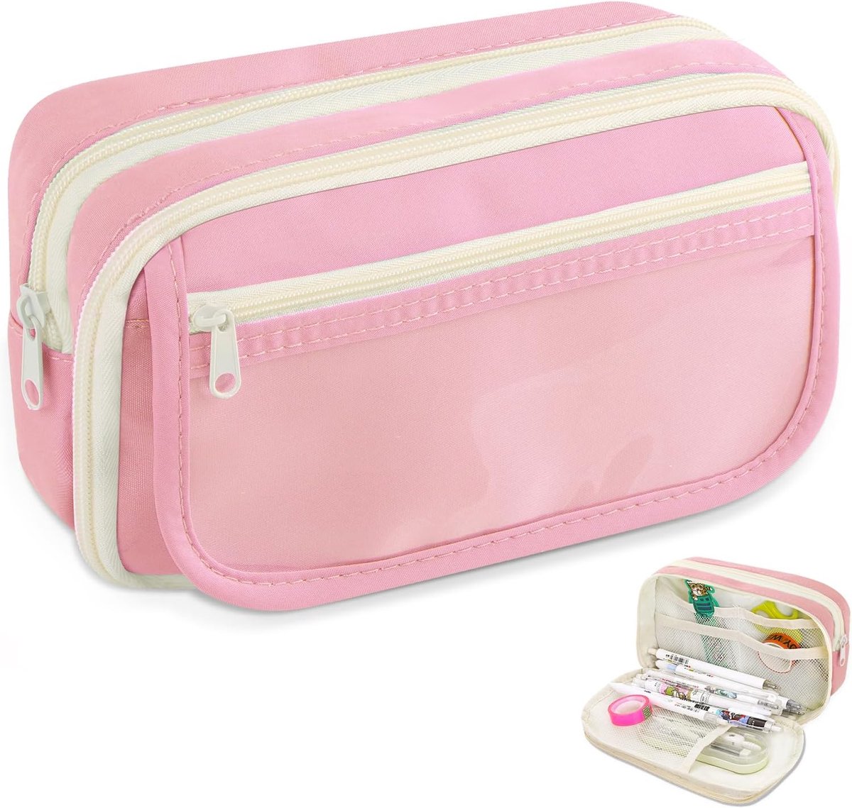 Grote Etui met- Ruime Pennenzak voor School en Kantoor - Multifunctionele Etui - Make-up Tas - Roze