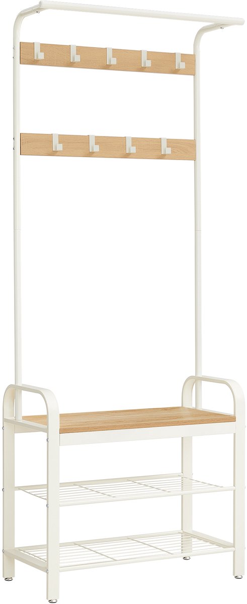 M-Goods Kledingrek met schoenenrek - Garderobe met bank - 9 haken & kledingstang - crème, 72x33,7x183 cm