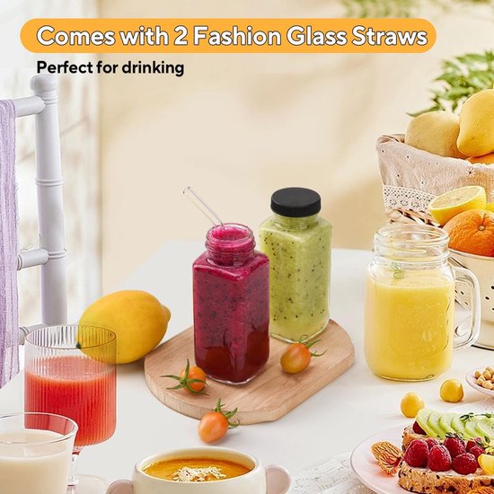 SnelShoppen - Pack van 6 Smoothie Flessen - Glazen Drinkflessen met Rietjes, 8oz Mini Flessen voor Sap, Smoothie en Melk - Ideaal voor School, Buiten — afbeelding 3