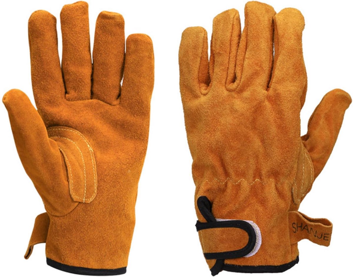 SnelShoppen - Vuurvaste Handschoenen, Vlamwerende Grillhandschoenen, Hittebestendige BBQ en Camping Beschermhandschoenen, Leer, Zwart, Maat L