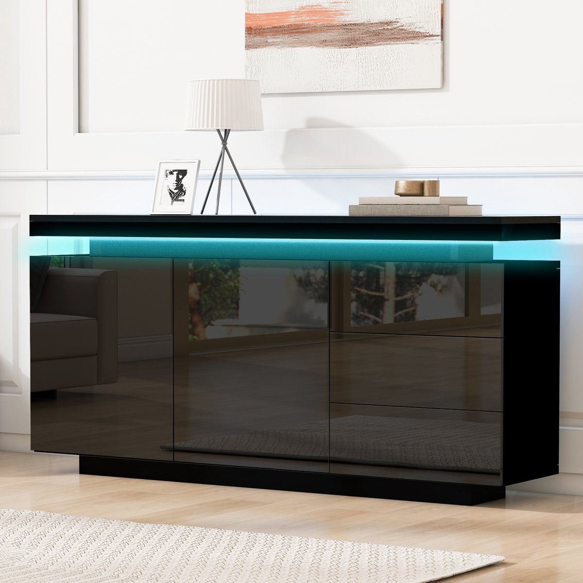 Wishdor - Dressoir - hoogglans met LED-verlichting - 2 deuren en 3 lades - modern design - voor woonkamer of hal - houtlook bewerkt hout - zwart - 140 x 35 x 72,5 cm