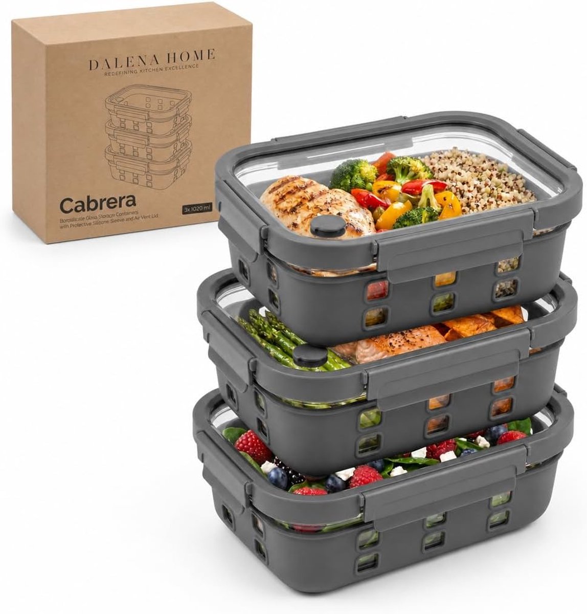 SnelShoppen - Meal Prep Containers Set 3x1050ml - Borosilicate Glas, Lekvrij, Stapelbaar, Magnetron met Stoomklep, Siliconen Anti-Schok, Handig voor K