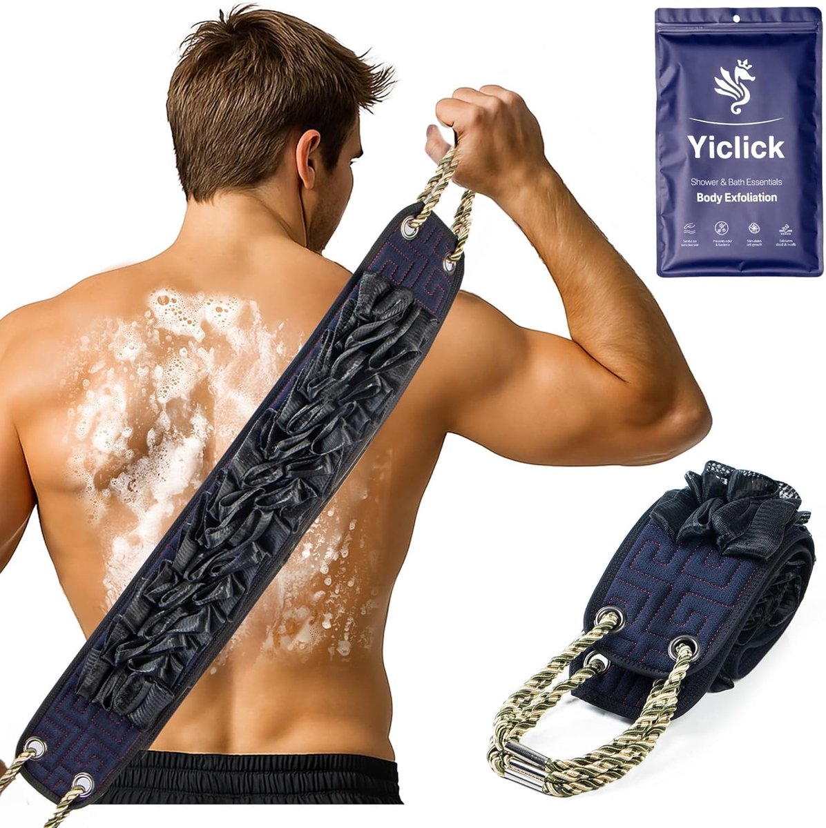 SnelShoppen - Yiclick Rugschrobber Douche, Exfoliërende Washandje met Handvat, Badspons Luffa voor Diepe Scrub, Luxe Lichaamsreiniging, Geschikt voor
