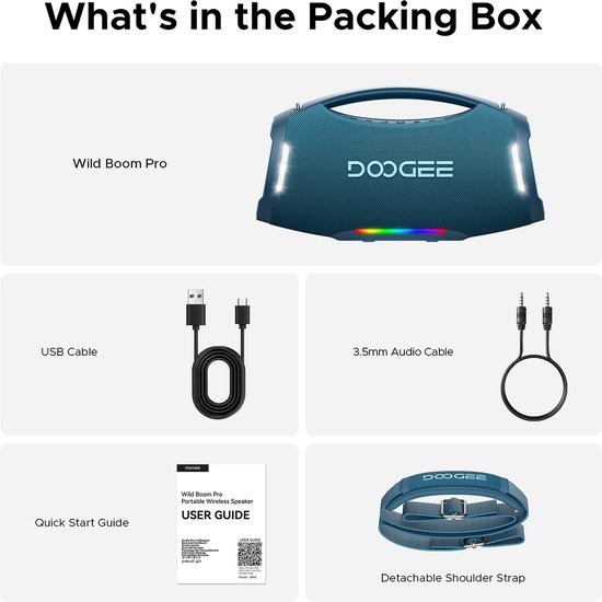 DOOGEE Wild Boom Pro - Bluetooth Speaker - Draadloze Bluetooth Speaker met Afneembare Draagriem - Waterdicht - Blauw — afbeelding 4