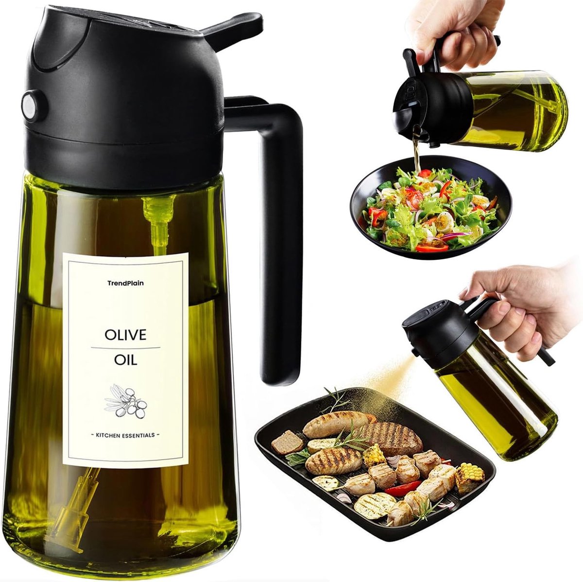 Olijfoliesprayer - Zwart - 470 ml - BPA-vrije 2-in-1 Dispenser en Spray - Voor Keuken en Barbecue