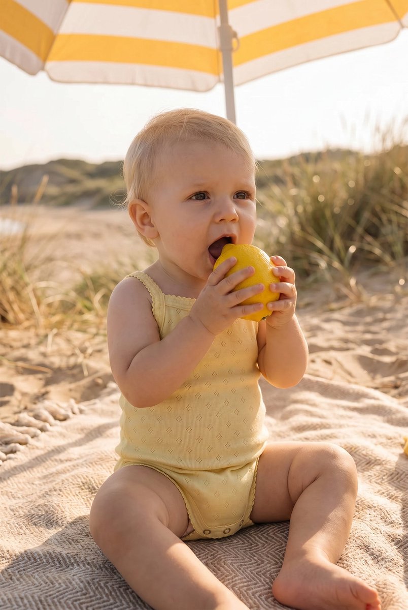 Wollen romper pointelle met bandjes - merinowol - Dusty Yellow 50