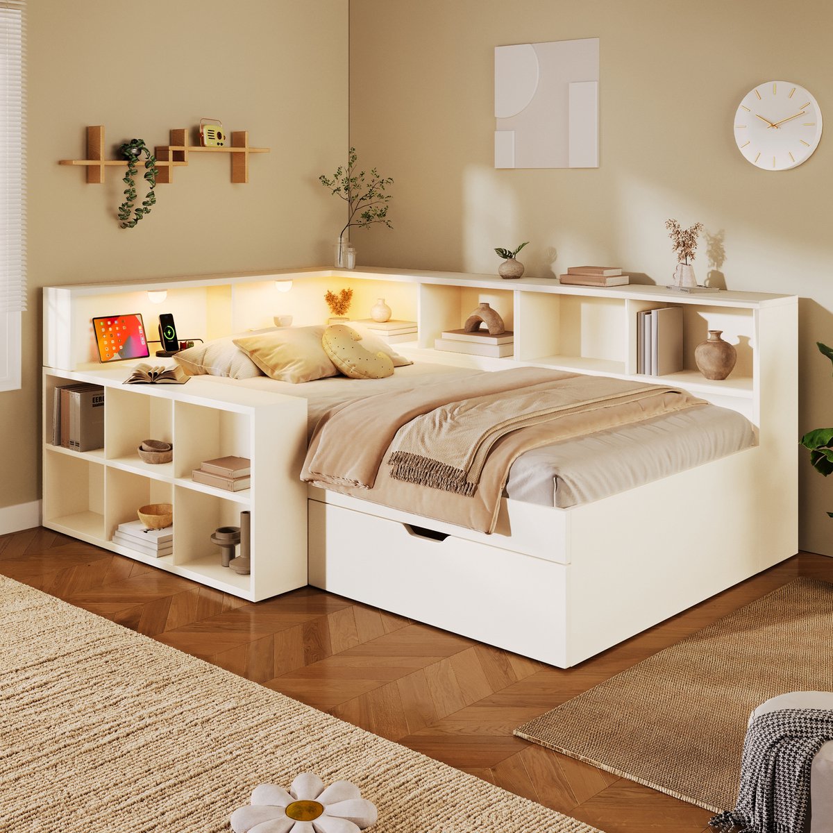 OKWISH Bed 90x200 cm Met Opbergruimte, Leeslicht, USB en USB-C Oplaadpunten, Laden en Open Rek, Eenpersoons, Hout, Wit, Zonder Matras