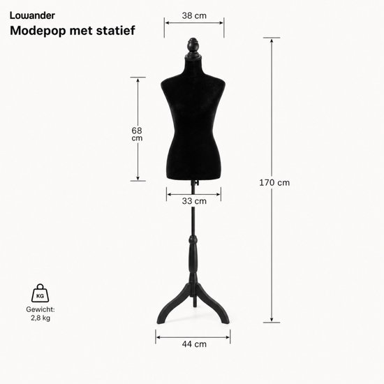 Zwarte paspop met afmetingen 68 cm (romp), 38 cm (schouders) en 33 cm (borst). Totale hoogte verstelbaar van 134 tot 170 cm. Gewicht 2,8 kg.