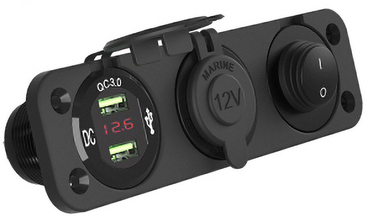 12V USB-autolader - 3 poorten - QC 3.0 snelladen - Inbouwpaneel met drie poorten - Met sigarettenaanstekeraansluiting en schakelaar - Geschikt voor campers, auto's en boten - Waterdicht ontwerp - Zwart