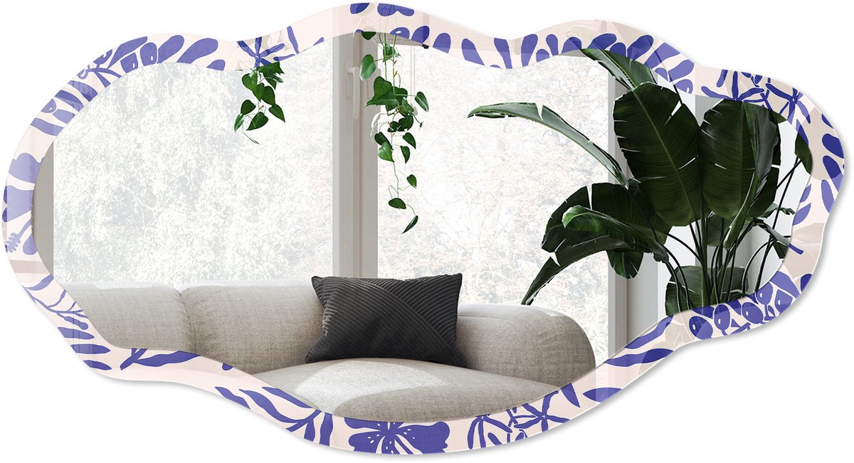 Wallfluent Tropische Plantkunde Spiegel - Blauw Stijlvolle Wandspiegel - Organische Spiegel - Woonkamer - Illustratief - 45x90 cm - Totale afmeting 52x97 cm