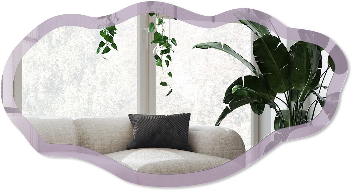 Wallfluent Lila Paars Spiegel - Paars Strakke Rechthoekige Spiegel - Organische Spiegel - Woonkamer - Minimalistisch - 45x90 cm - Totale afmeting 52x97 cm