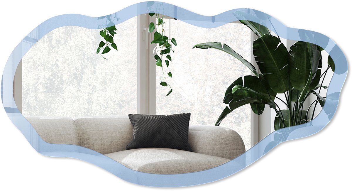 Wallfluent Babyblauw Spiegel - Blauw Strakke Rechthoekige Spiegel - Organische Spiegel - Woonkamer - Minimalistisch - 45x90 cm - Totale afmeting 52x97 cm