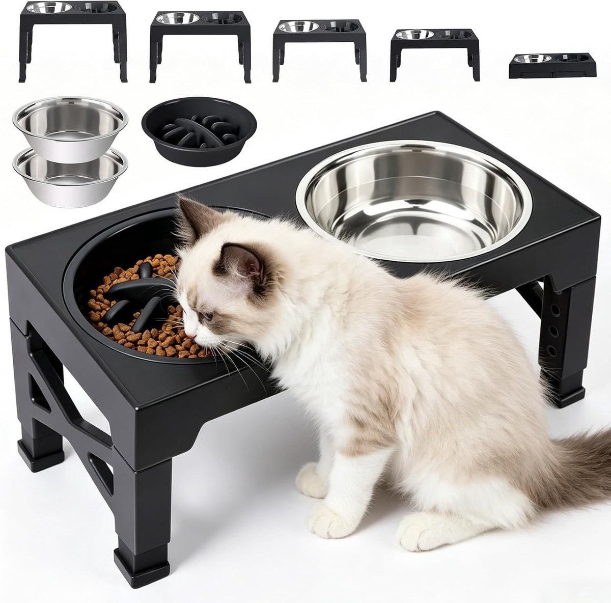 Verhoogde voerbak voor grote hond - RVS en Kunststof - 30 cm Hoogte Verstelbaar - Dubbele Slow Feeder Voerbak - Voor Grote Honden