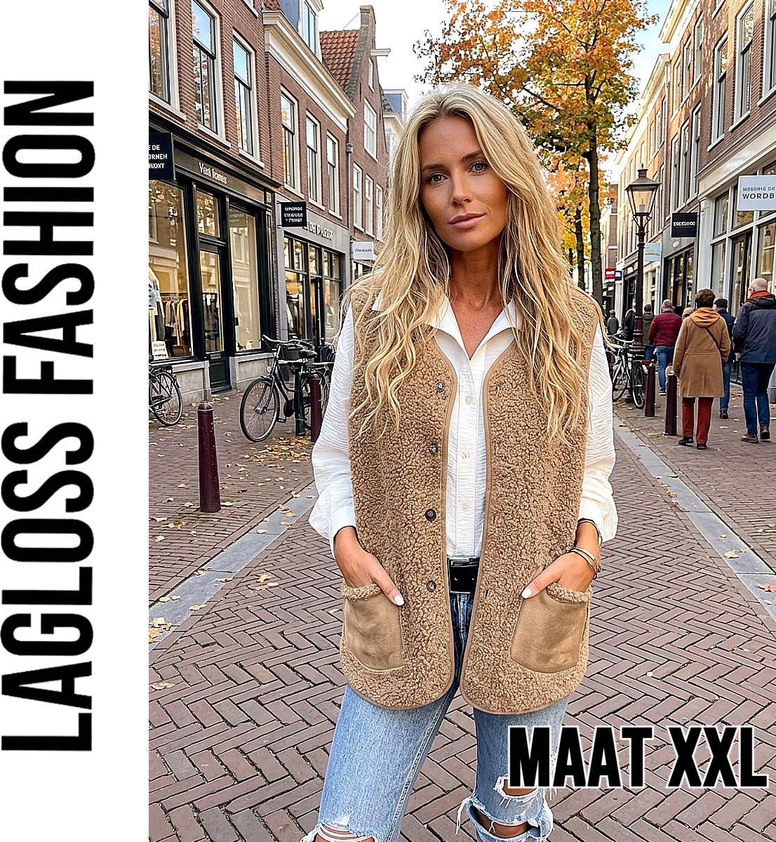 LaGloss® Dames Pluche Vest Gilet Khaki – Warm Mouwloos Vest - Maat XXL met 2 Zakken – Elegant Teddy Vest voor Lente, Herfst en Winter