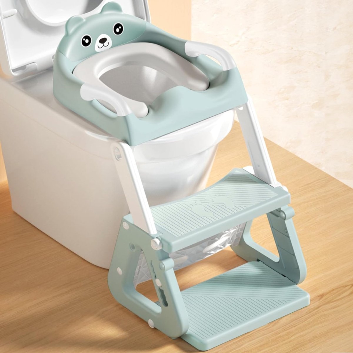 QUOVO® WC Verkleiner Met Trapje - Potje Peuter Met PU Bekleding - Brilverkleiner WC – Antislip Met Spatbescherming - Zindelijkheidstraining Kind - Opvouwbaar Plaspotje - Toiletverkleiner In Hoogte Verstelbaar - Grijs/Blauw - 40cm x 34cm x 15cm