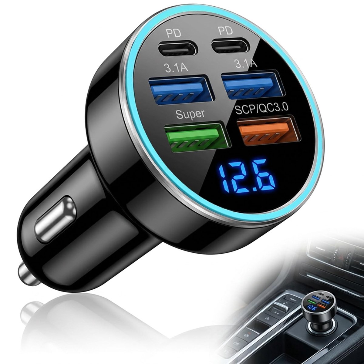 Solidchoice - 66W Autolader met 6 USB-Poorten en LED-Voltmeter