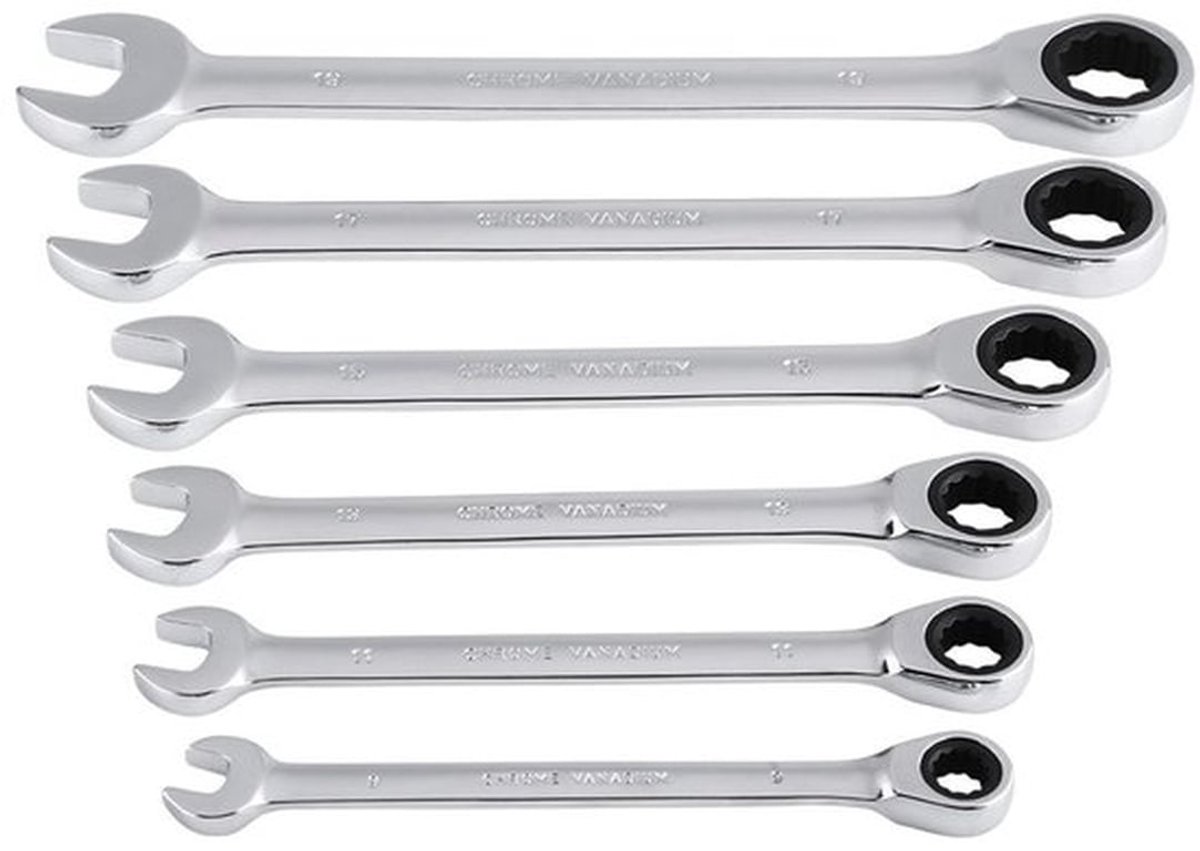 Ringsteeksleutelset 12-delig - 8-19 mm - Flexibele Ratelsleutel - Chrome-Vanadium - Inclusief Opbergtas - Schokbestendig - Steeksleutelset