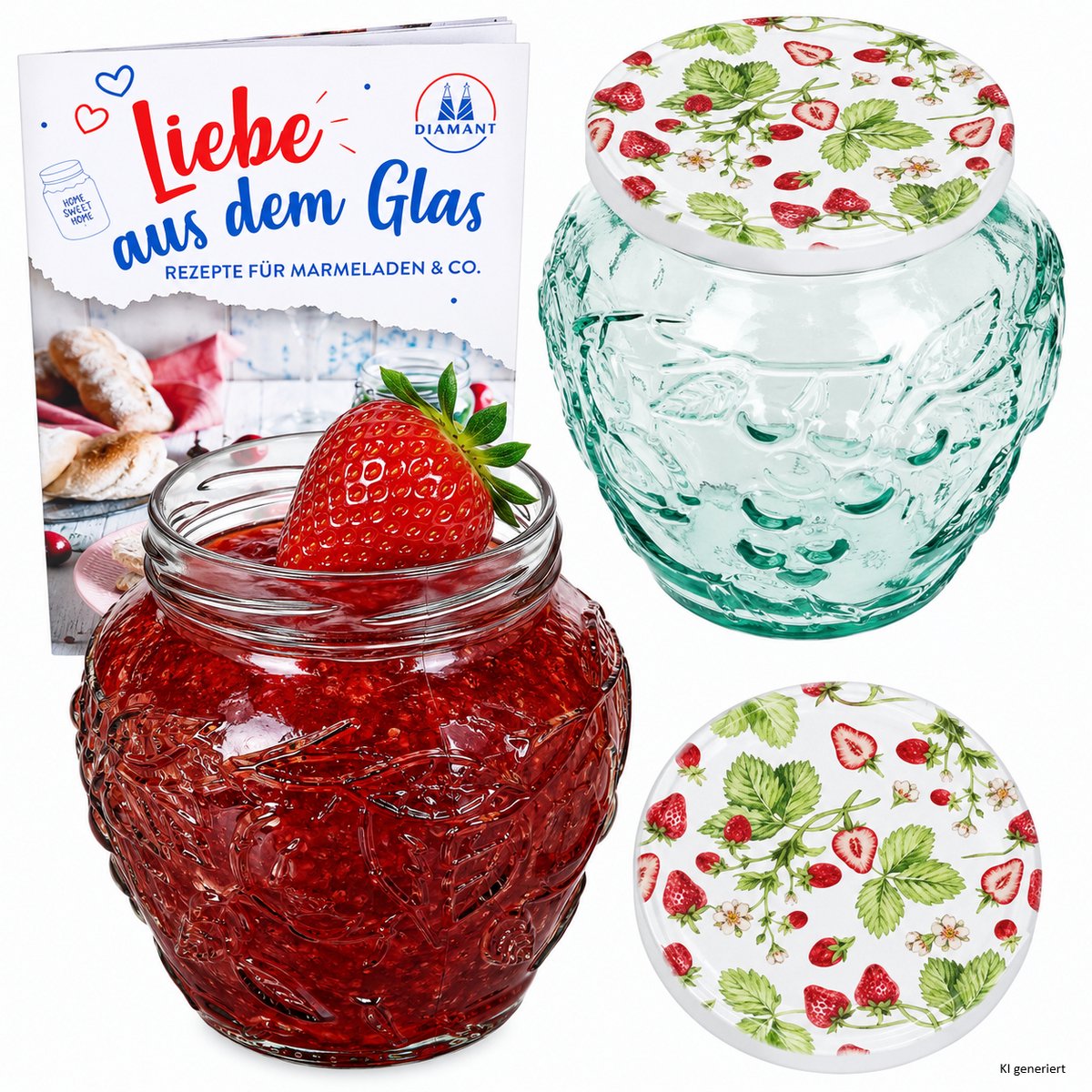2-delige set jamfles 580ml FRUTTA VASO met fruit-relief + TO82 deksel bos-aardbei