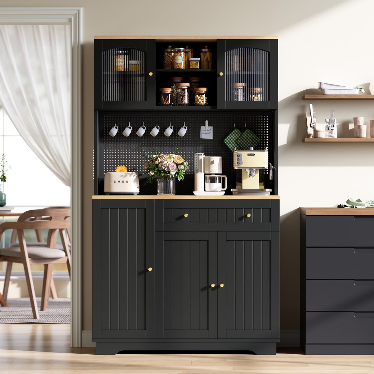 OKWISH Keukenkast - Vitrinekast En Hoogkast Met Verstelbare Planken En Geperforeerd Paneel - 103,5 x 40 x 180 cm - Zwart Spaanplaat