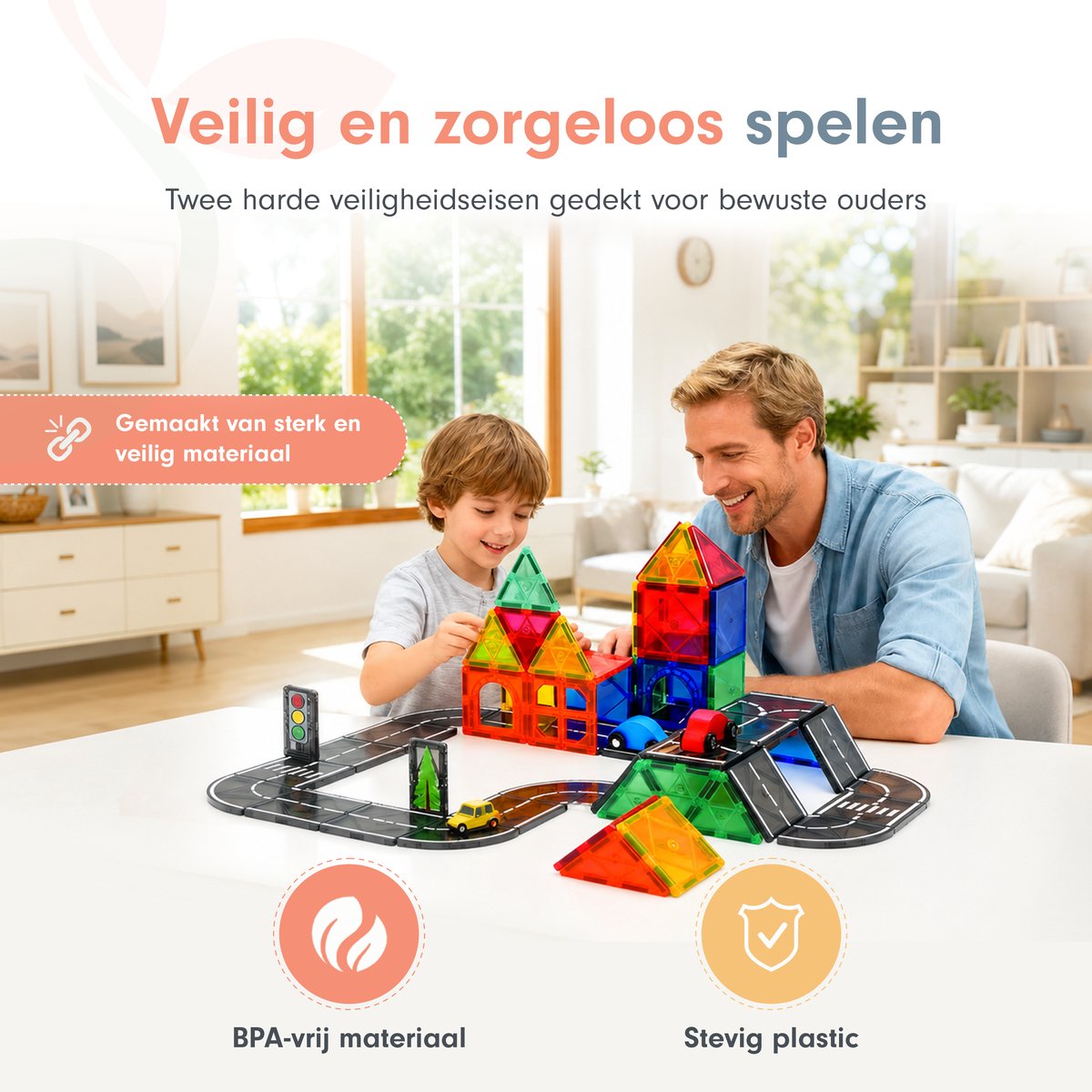 Magnetic tiles - Racebaan - Magnetische tegels - Bouw jouw magna wereld - Magneten speelgoed - Magneet tegels - Montessori - Bouwstenen - Travel set - Constructiespeelgoed — cadeau in Spellen & Speelgoed - foto 4