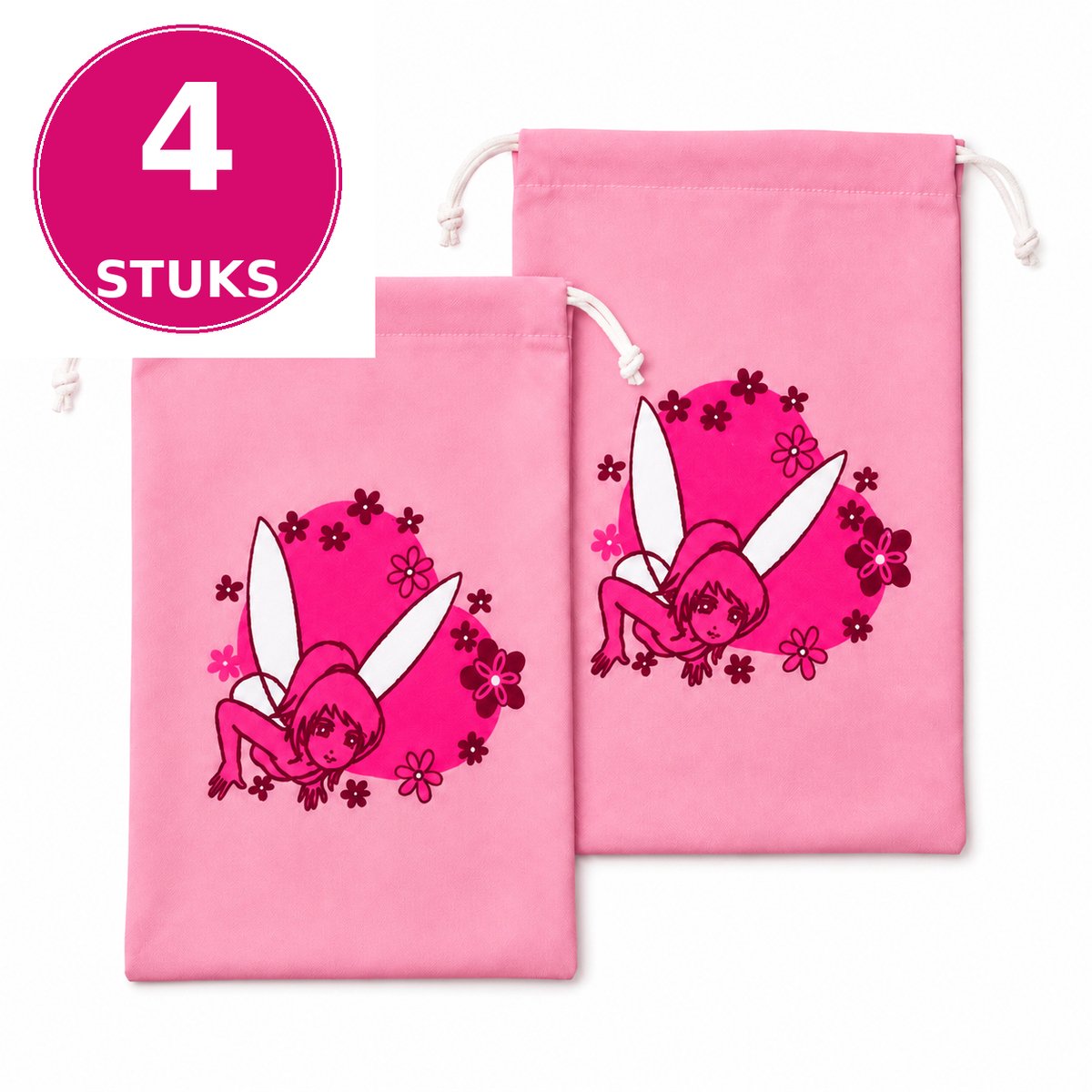 Roze Knikkerzak Fee – Set van 4 – Knikkerzakken met Trekkoord – Uitdeelcadeautje Kinderfeestje – Feestartikel