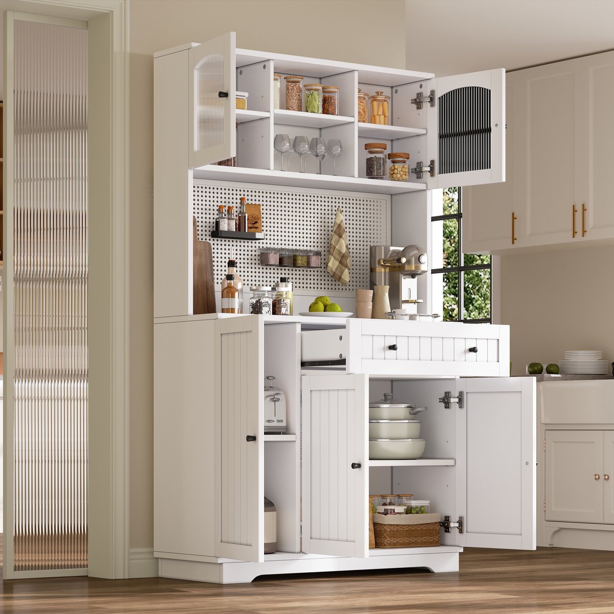 STILVORA Keukenkast - Vitrinekast Met Verstelbare Planken En Geperforeerde Plaat - Hoge Opbergkast Voor Keuken En Woonkamer - Spaanplaat - Wit - 103.5x40x180 Cm
