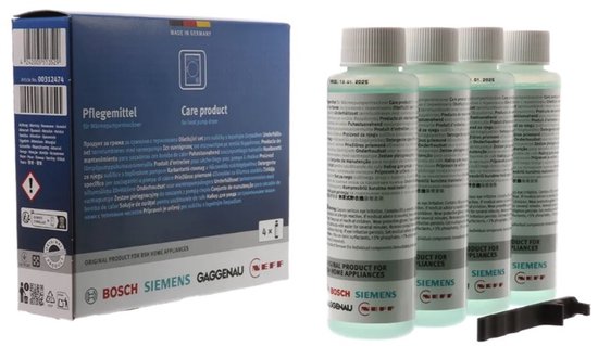 Verzorgingsset voor warmtepompdrogers. Een doos met 'Pflegemittel für Wärmepumpentrockner' en vier flessen 'Care product for heat pump dryer'.