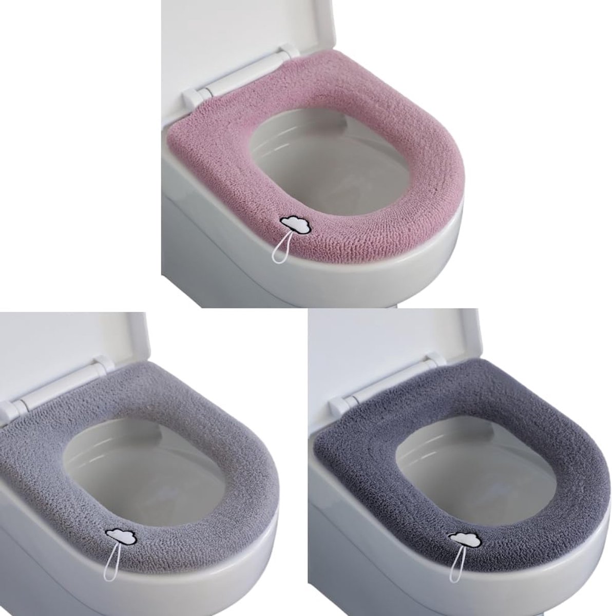 3 stuks - Badkamer zachte, dikke, warme, waterdichte fluwelen elastische wasbare wc-brilhoes - met handvat (paars roze, donkergrijs, lichtgrijs)