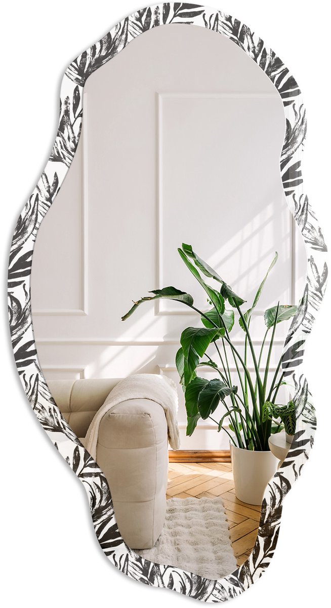 Coloray Plantenpatroon Spiegel - Zwart Rechthoekige Spiegel Met Modern Design - Organische Spiegel - Woonkamer - Illustratief - 45x90 cm - Totale afmeting 52x97 cm