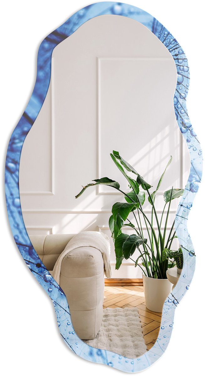 Coloray Blauwe Paardenbloem Spiegel - Blauw Rechthoekige Spiegel Met Modern Design - Organische Spiegel - Slaapkamer, Woonkamer, Kantoor - Fotografisch - 45x90 cm - Totale afmeting 52x97 cm