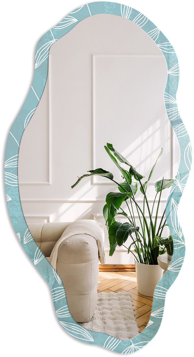 Coloray Turkooizen Bladeren Spiegel - Turkoois Rechthoekige Spiegel Met Modern Design - Organische Spiegel - Slaapkamer, Woonkamer, Badkamer - Scandinavisch - 45x90 cm - Totale afmeting 52x97 cm