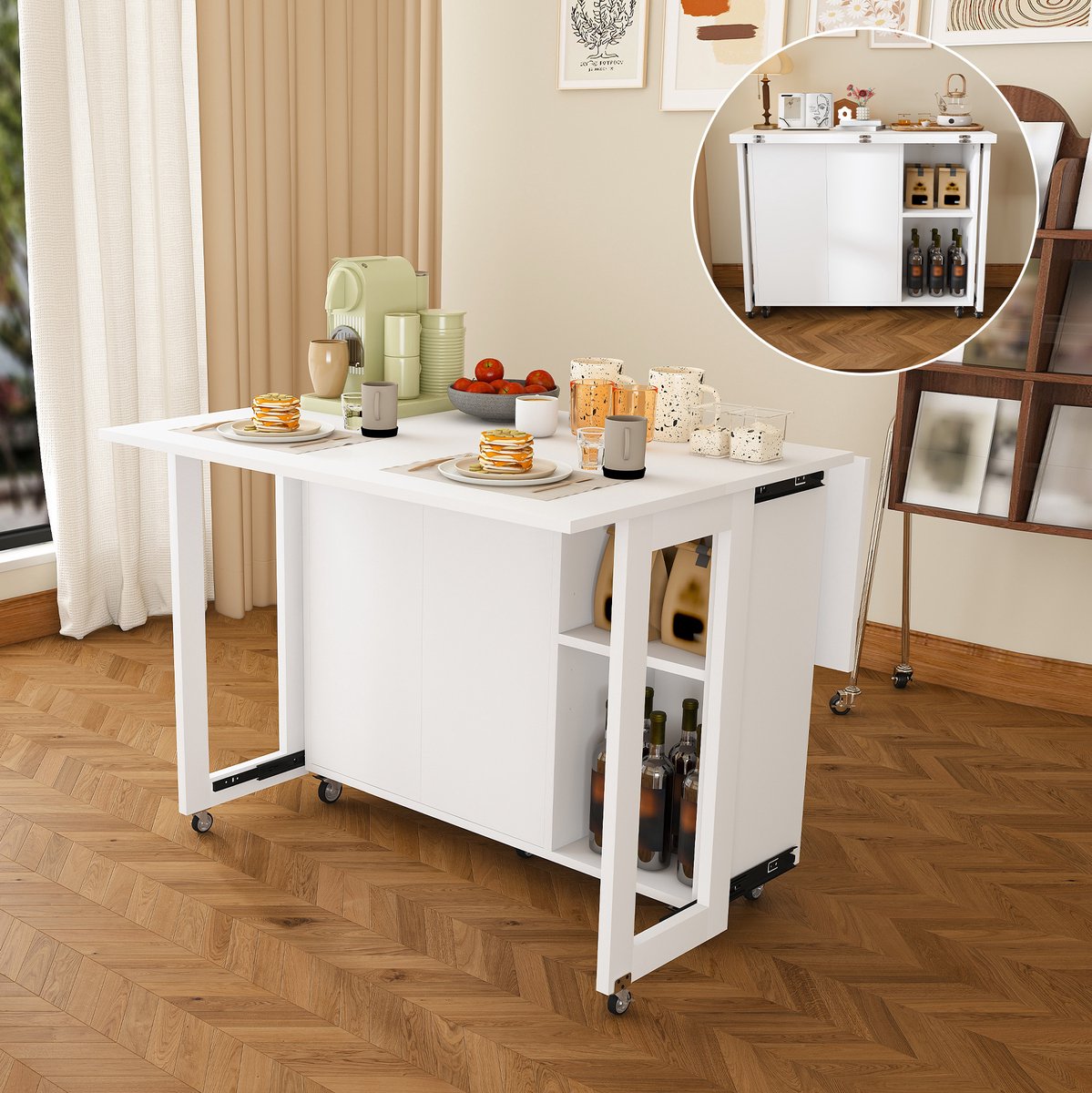 Opvouwbare Eettafel - Multifunctioneel Keukeneiland Met Opbergruimte En Vergrendelbare Zwenkwielen - Wit - MDF - 105x100 Cm
