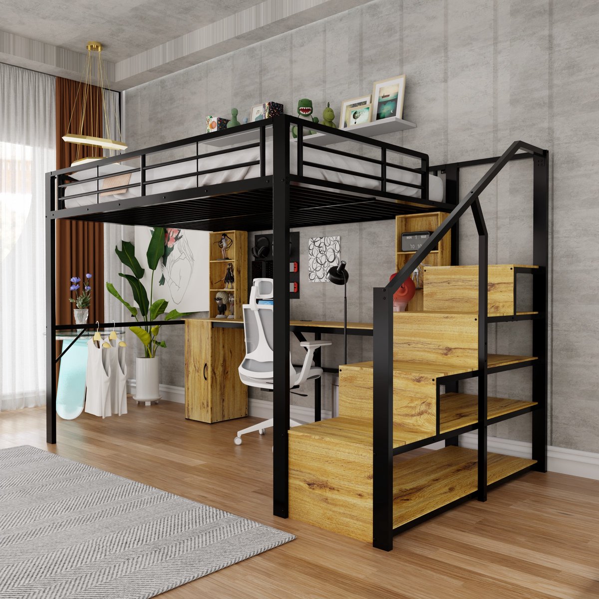 MIVRAY Hoogslaper 140x200 Cm Met Bureau En Opbergruimte Met Trap En USB Oplaadpunt Zonder Matras Metaal MDF Zwart