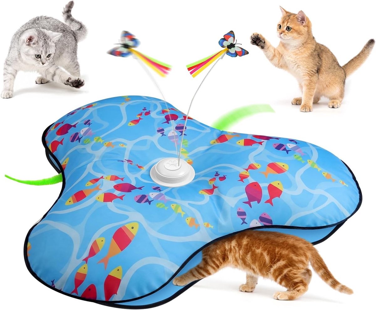 Waterspeelmat voor katten - Driehoek Blauwe Vis - ABS Materiaal - Interactief Speelmatje met Veer en Geluid - Voor Kittens en Volwassen Katten